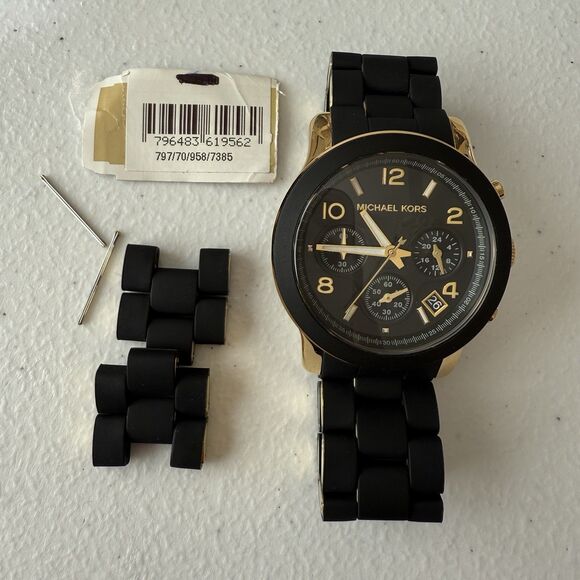 Michael Kors Runway Chronograph Gold Tone Black Silicone Women’s Watch 38mm - Picture 2 of 8